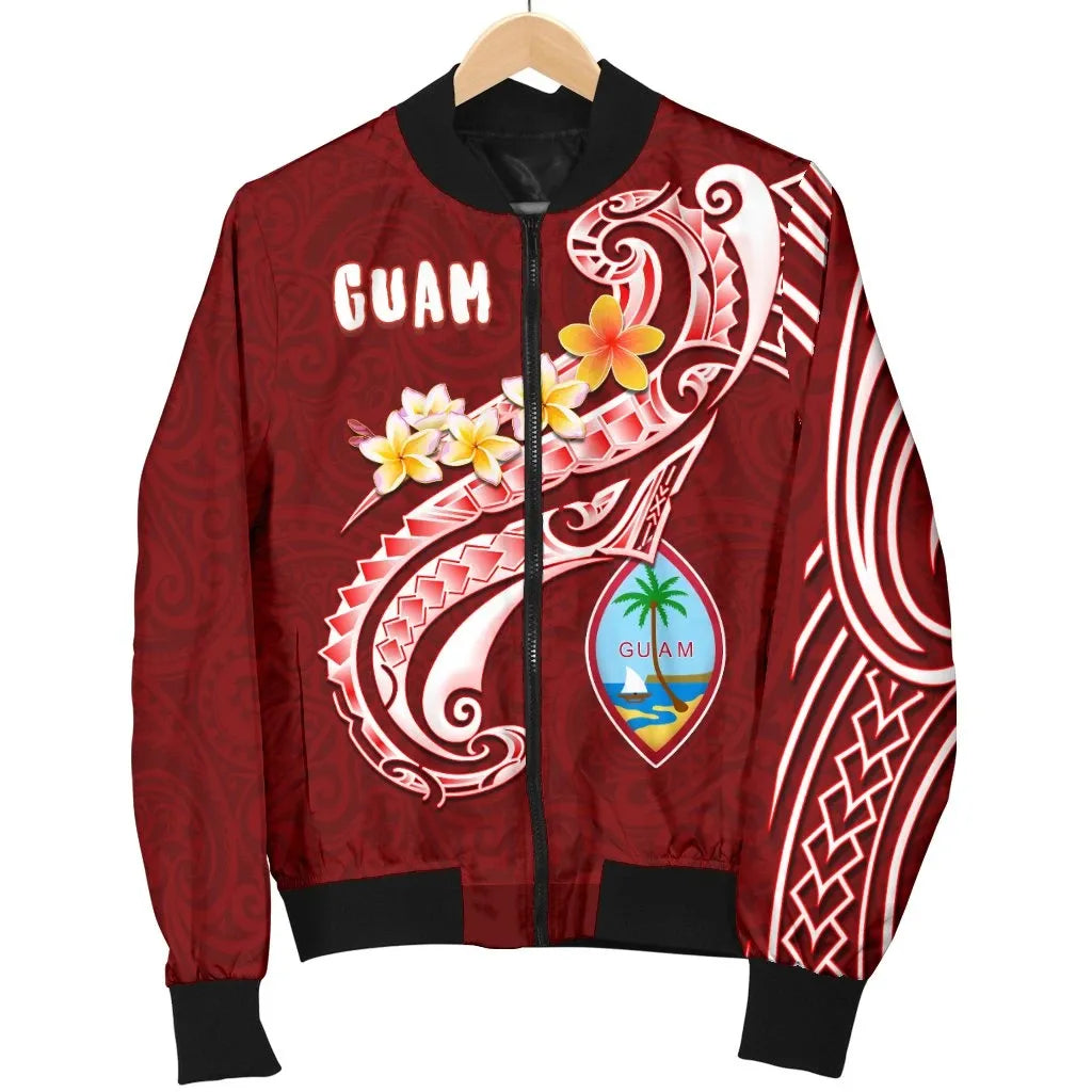 Guam Bomber Jacket - Guam Seal Polynesian Patterns Plumeria (Red)