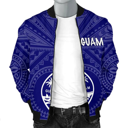 Guam Bomber Jacket - Guam Seal With Polynesian Tattoo Style (Blue)