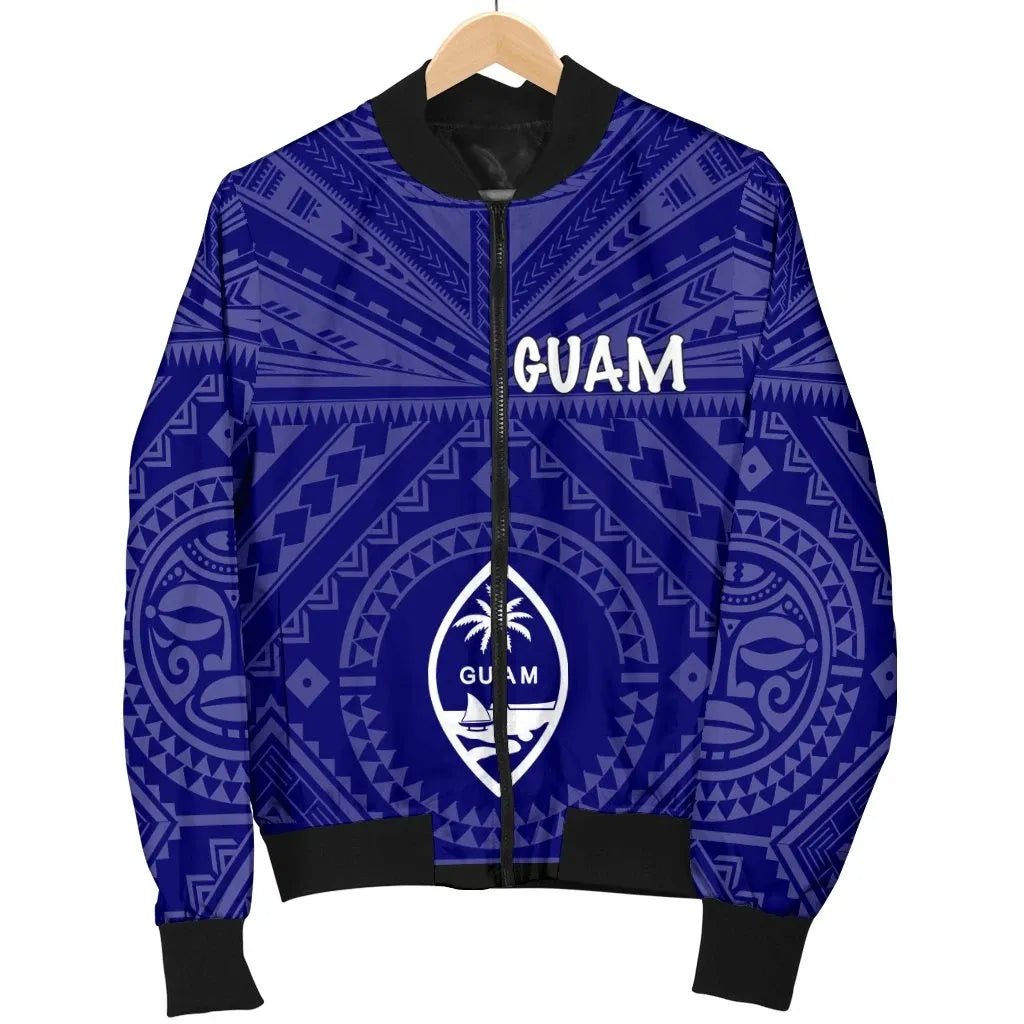 Guam Bomber Jacket - Guam Seal With Polynesian Tattoo Style (Blue)