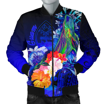 Guam Bomber Jacket - Humpback Whale with Tropical Flowers (Blue)