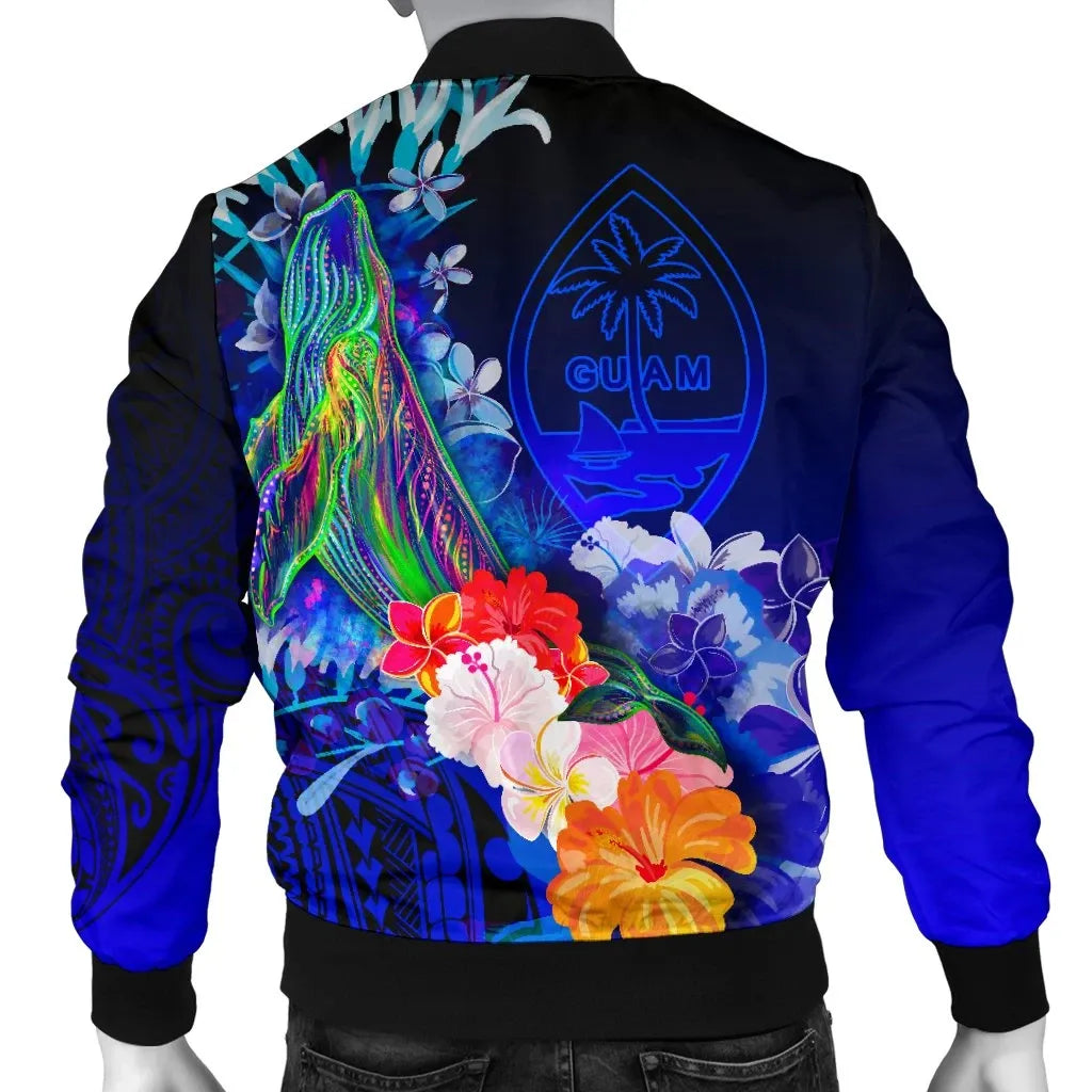 Guam Bomber Jacket - Humpback Whale with Tropical Flowers (Blue)