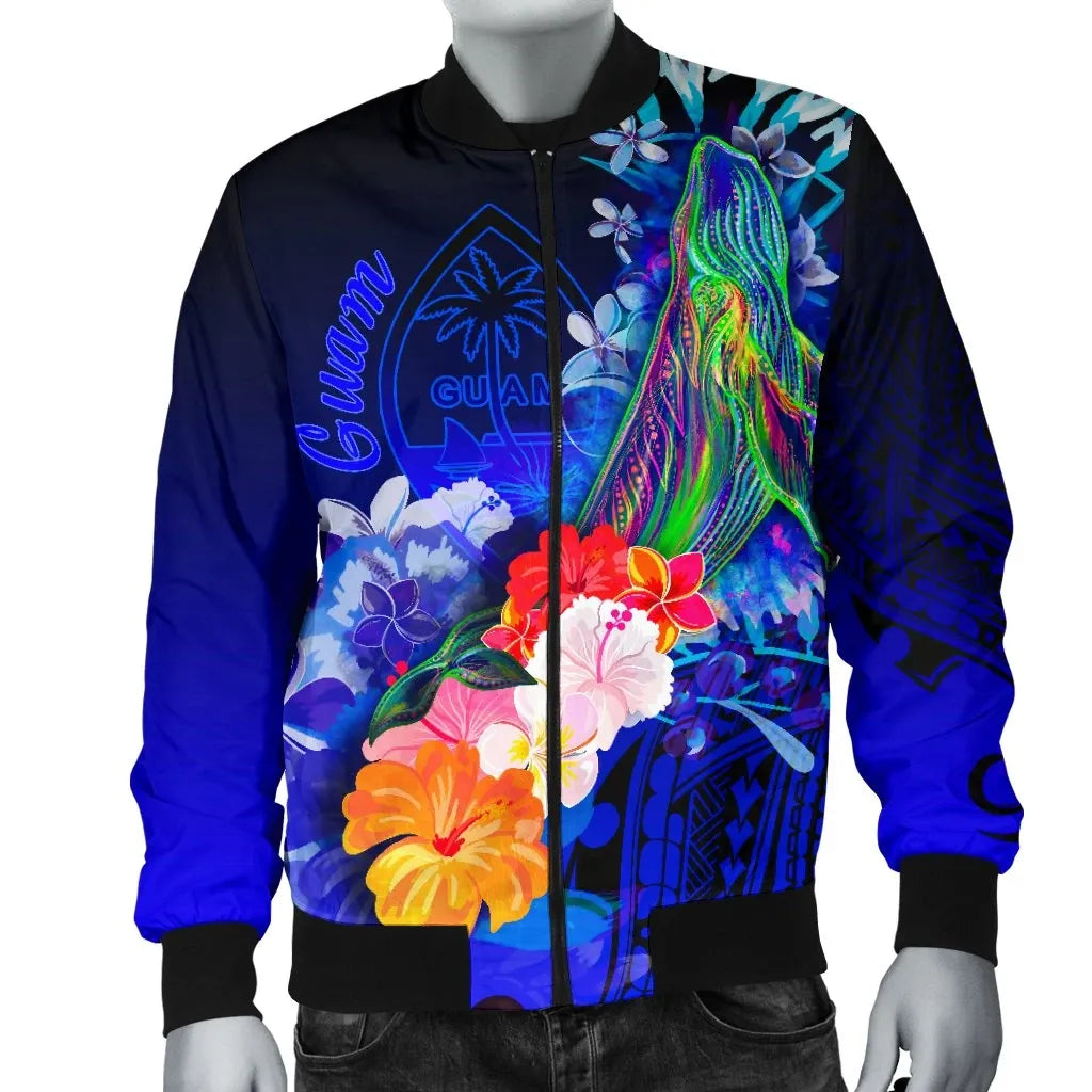 Guam Bomber Jacket - Humpback Whale with Tropical Flowers (Blue)