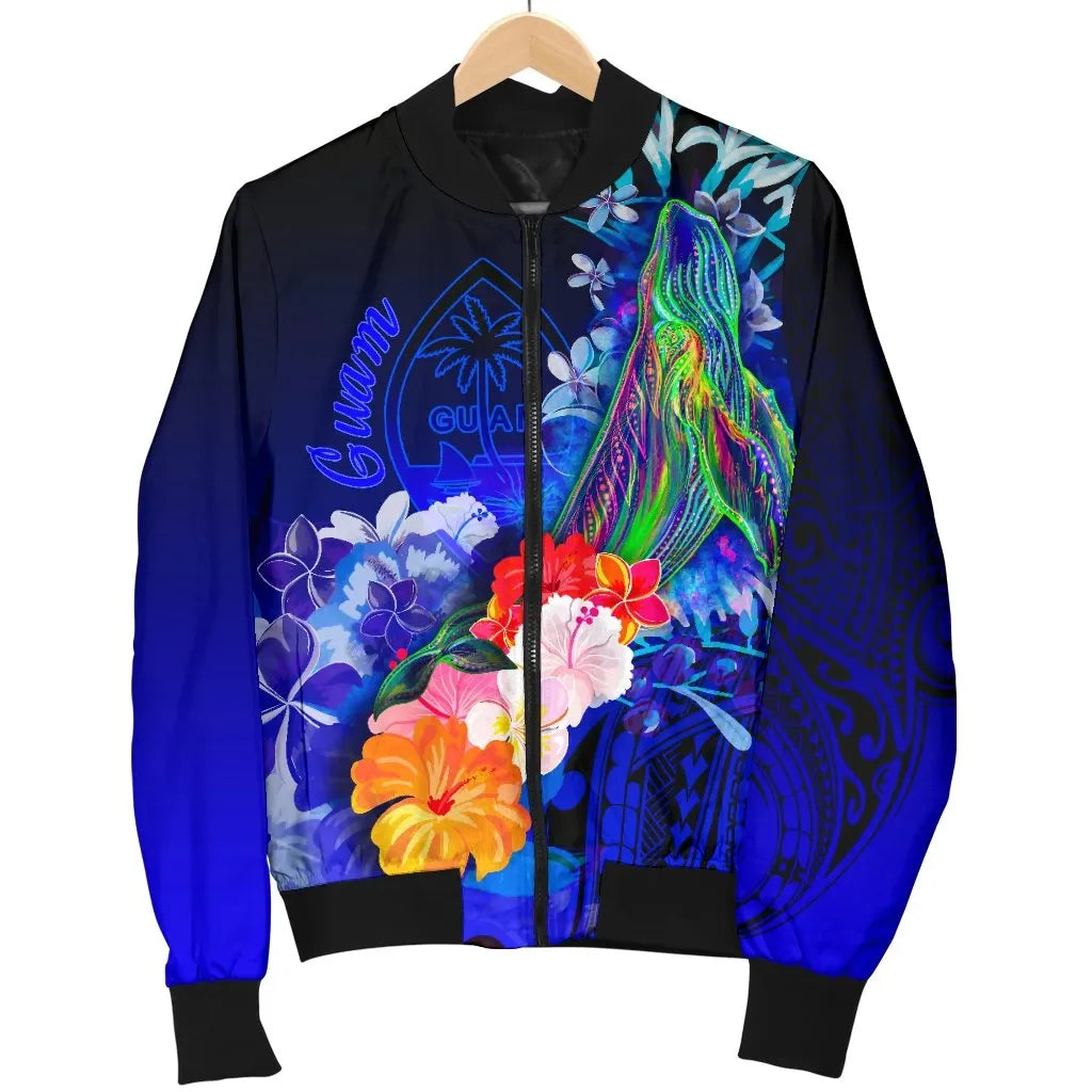 Guam Bomber Jacket - Humpback Whale with Tropical Flowers (Blue)