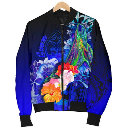 Guam Bomber Jacket - Humpback Whale with Tropical Flowers (Blue)