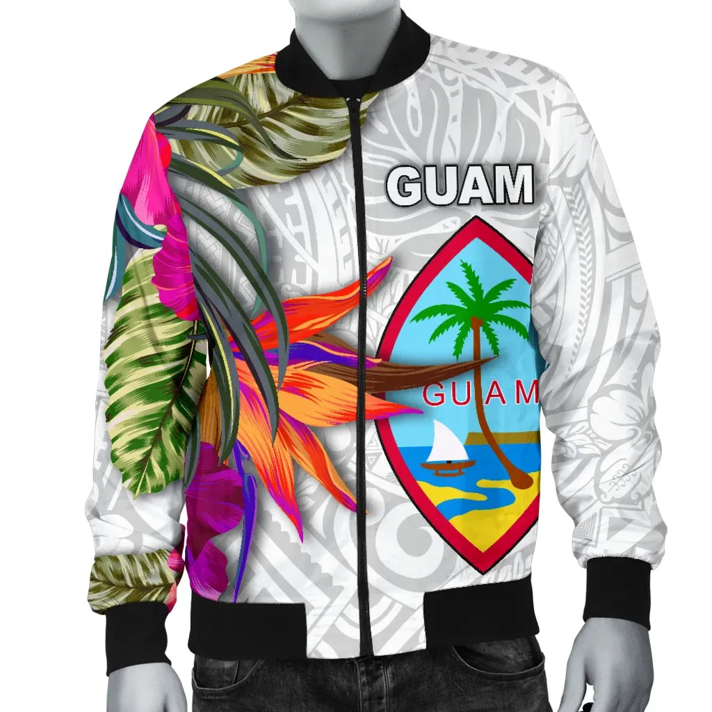 Guam Bomber Jacket Polynesian Hibiscus White Pattern