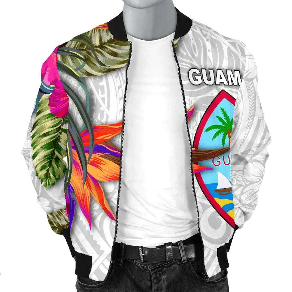 Guam Bomber Jacket Polynesian Hibiscus White Pattern