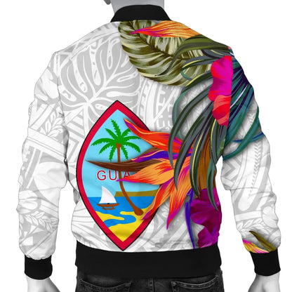 Guam Bomber Jacket Polynesian Hibiscus White Pattern