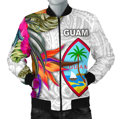 Guam Bomber Jacket Polynesian Hibiscus White Pattern