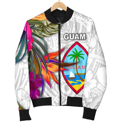 Guam Bomber Jacket Polynesian Hibiscus White Pattern
