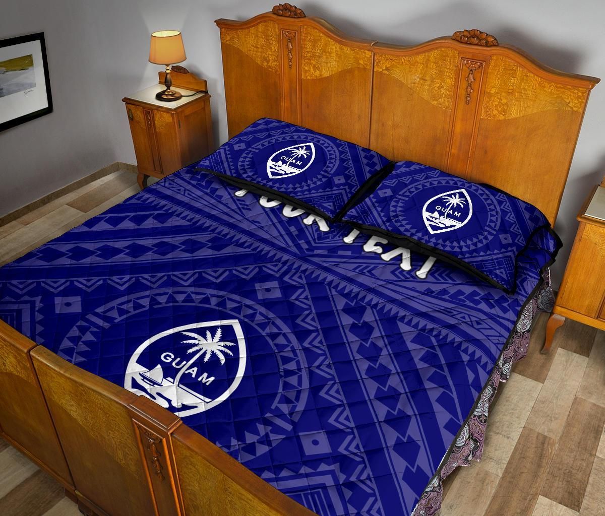Guam Personalised Quilt Bed Set - Guam Seal With Polynesian Tattoo Style (Blue)
