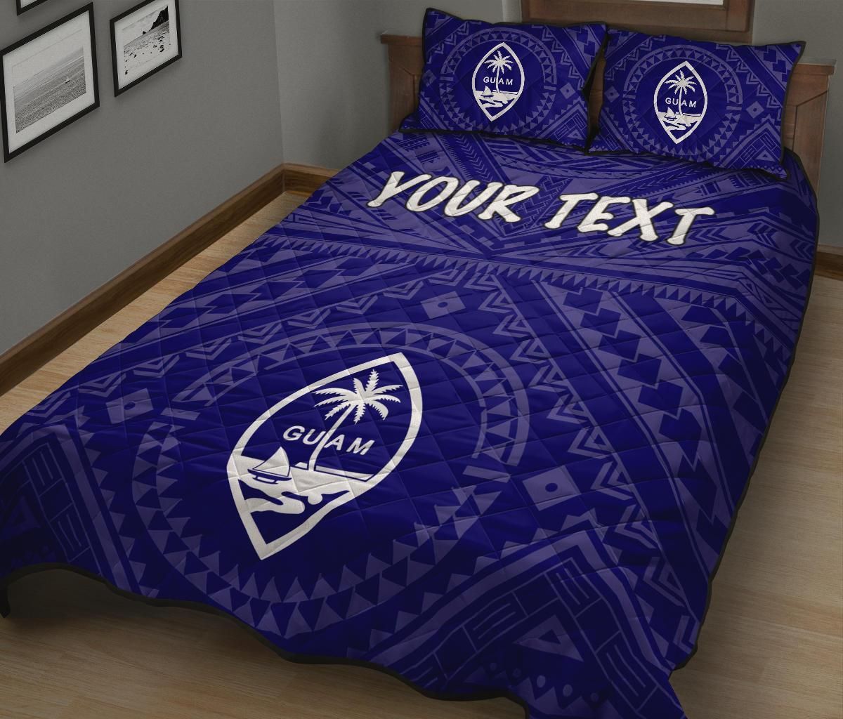 Guam Personalised Quilt Bed Set - Guam Seal With Polynesian Tattoo Style (Blue)