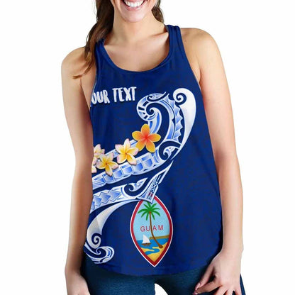 Guam Personalised Women Racerback Tank - Guam Seal Polynesian Patterns Plumeria (Blue)