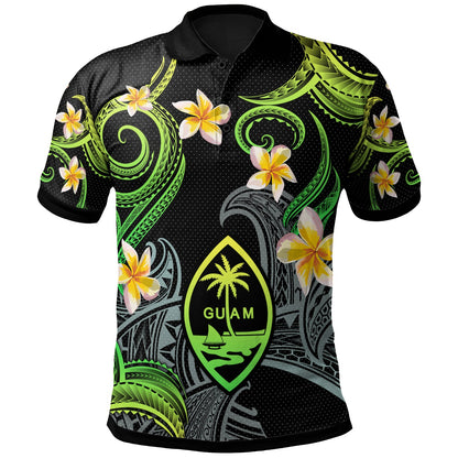 Guam Polo Shirt - Custom Personalised Polynesian Waves with Plumeria Flowers (Green)
