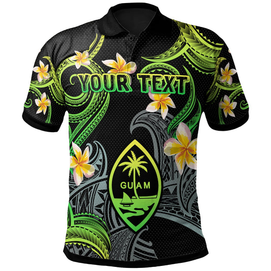 Guam Polo Shirt - Custom Personalised Polynesian Waves with Plumeria Flowers (Green)