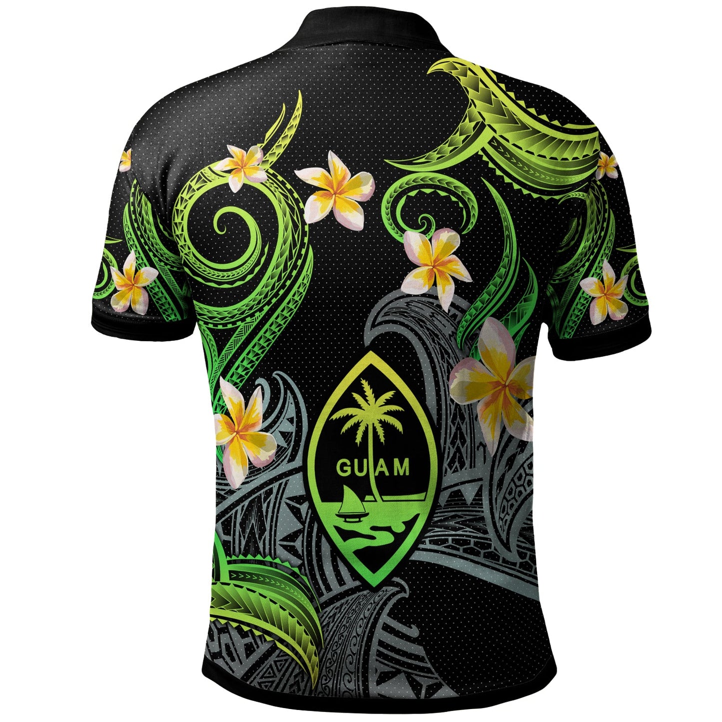 Guam Polo Shirt - Custom Personalised Polynesian Waves with Plumeria Flowers (Green)