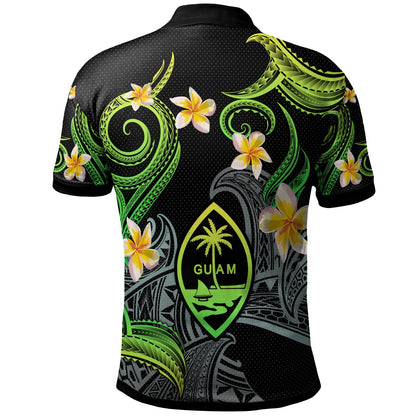 Guam Polo Shirt - Custom Personalised Polynesian Waves with Plumeria Flowers (Green)
