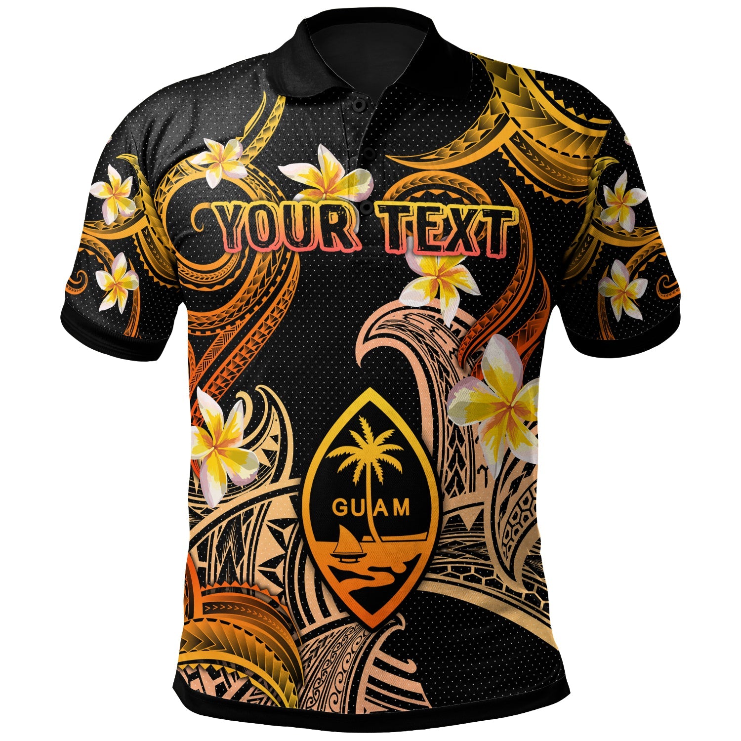 Guam Polo Shirt - Custom Personalised Polynesian Waves with Plumeria Flowers (Orange)