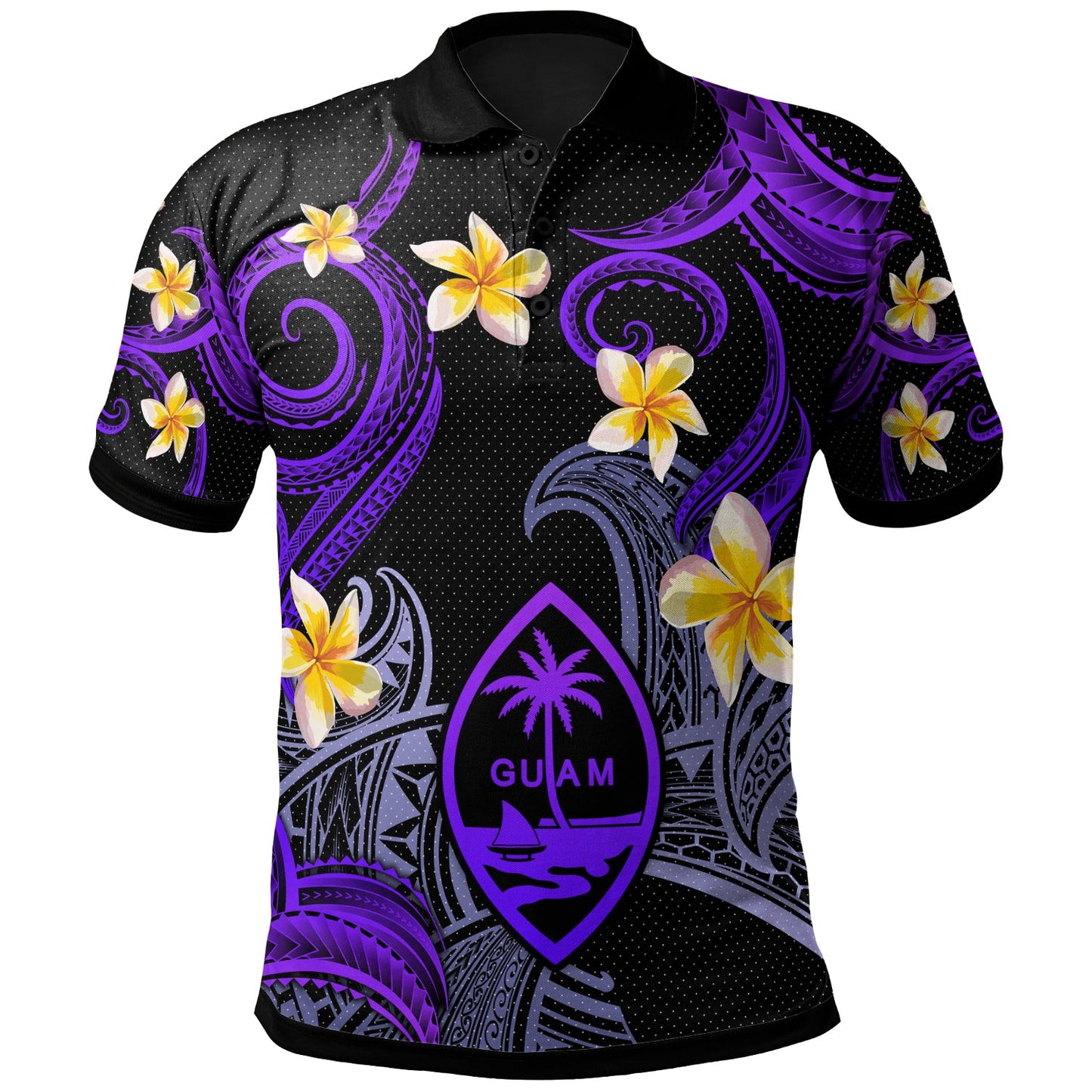 Guam Polo Shirt - Custom Personalised Polynesian Waves with Plumeria Flowers (Purple)