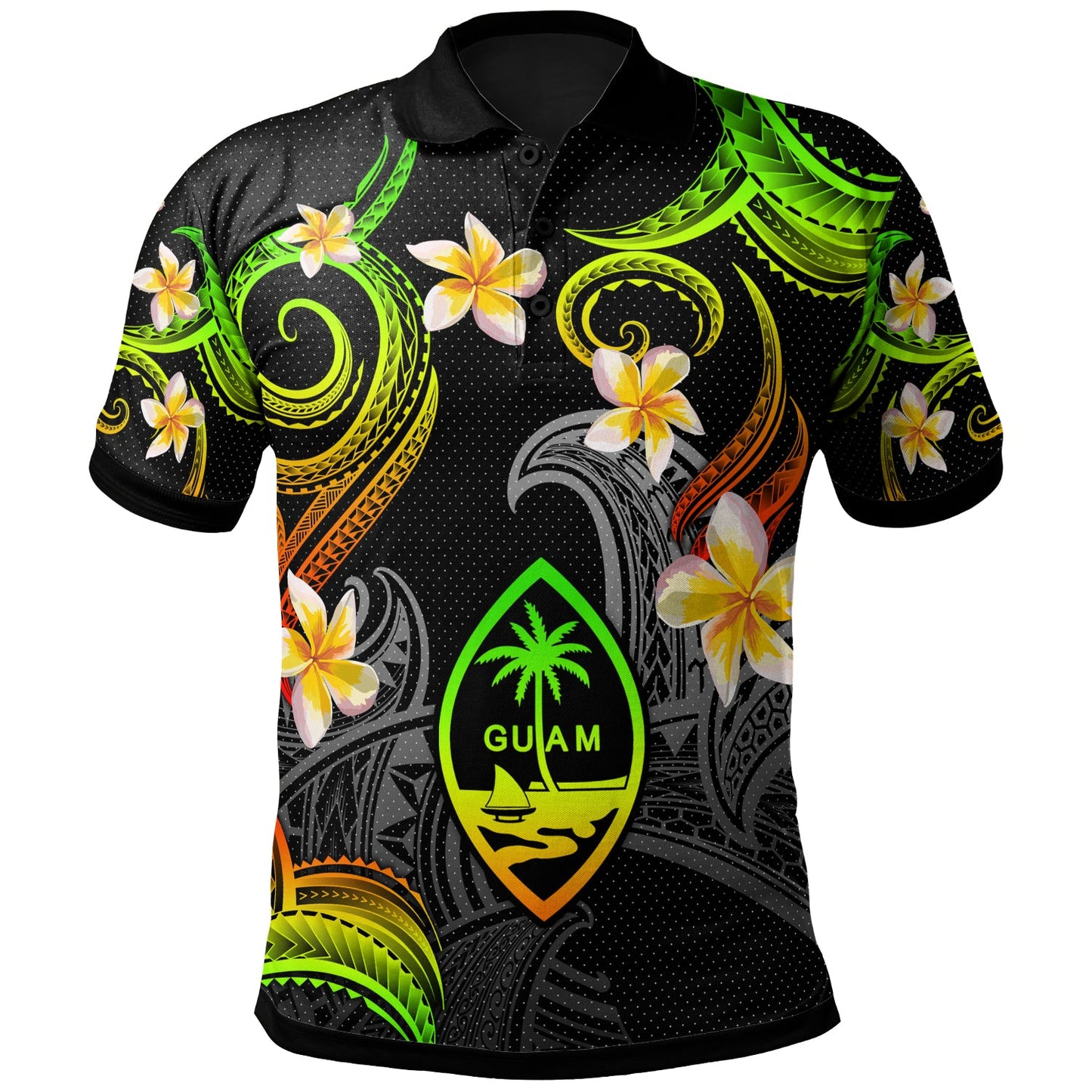 Guam Polo Shirt - Custom Personalised Polynesian Waves with Plumeria Flowers (Reggae)