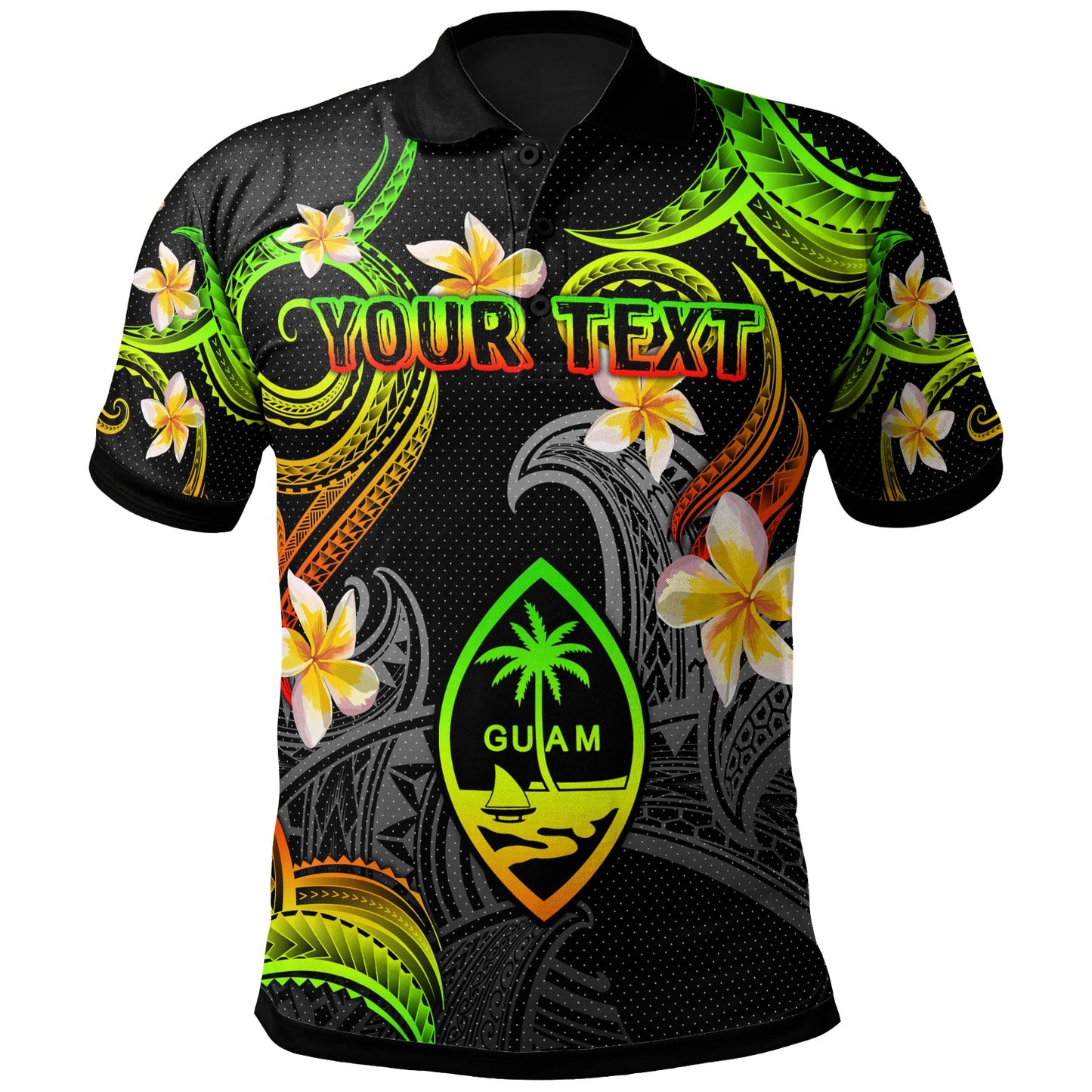 Guam Polo Shirt - Custom Personalised Polynesian Waves with Plumeria Flowers (Reggae)