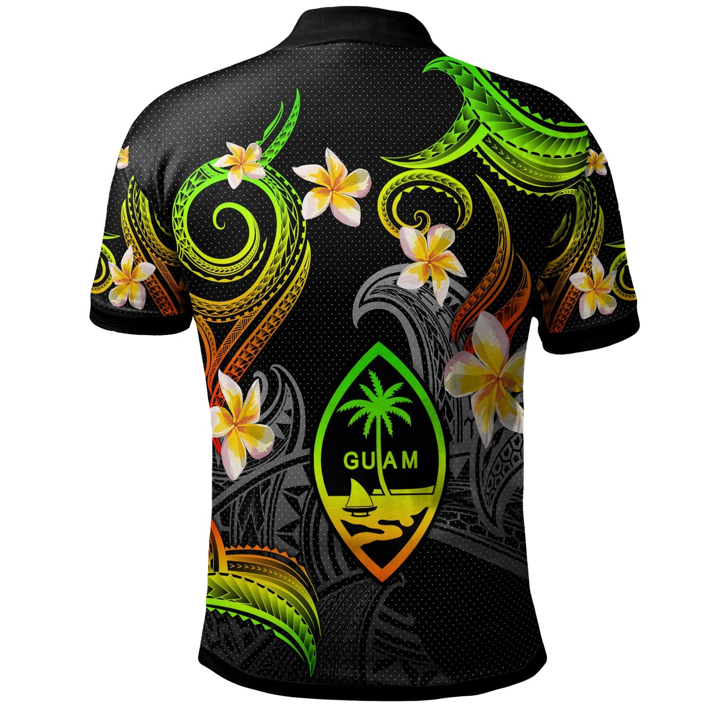 Guam Polo Shirt - Custom Personalised Polynesian Waves with Plumeria Flowers (Reggae)