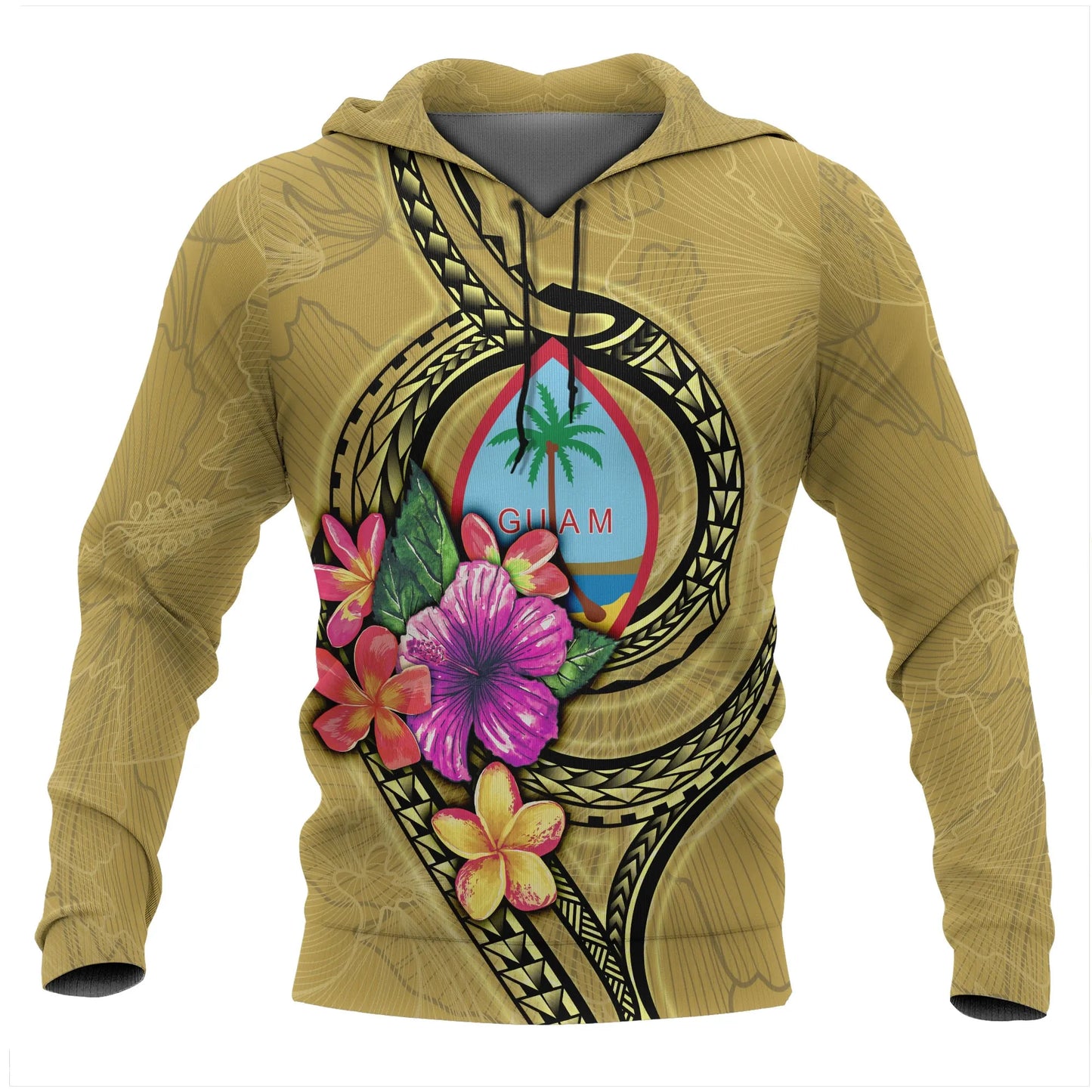Guam Polynesian ll Over Hoodie - Floral With Seal Gold