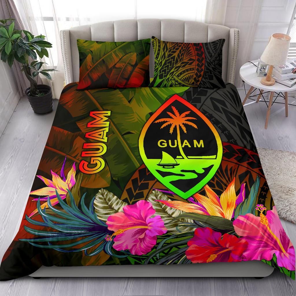 Guam Polynesian Bedding Set - Hibiscus And Banana Leaves