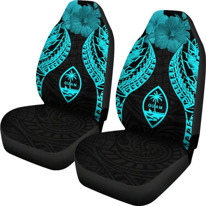 Guam Polynesian Car Seat Covers Pride Seal And Hibiscus Neon Blue