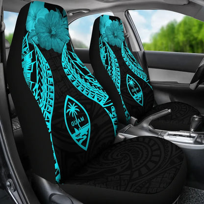 Guam Polynesian Car Seat Covers Pride Seal And Hibiscus Neon Blue
