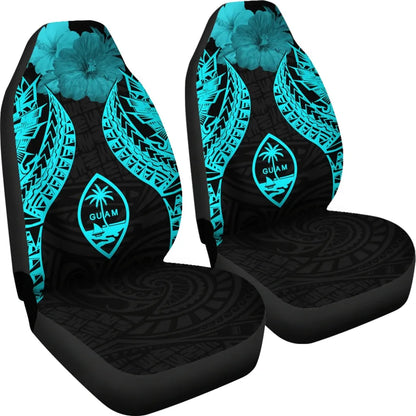 Guam Polynesian Car Seat Covers Pride Seal And Hibiscus Neon Blue