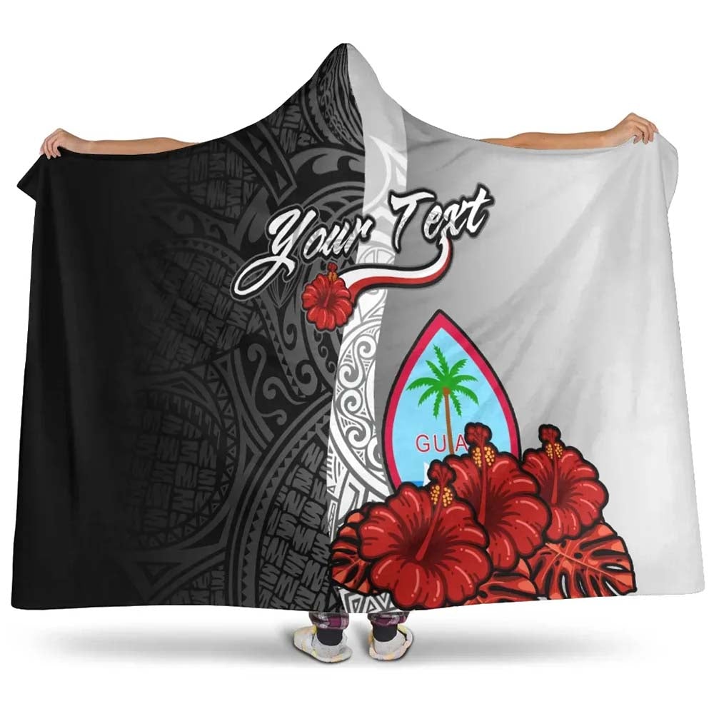 Guam Polynesian Custom Personalised Hooded Blanket- Coat Of Arm With Hibiscus White