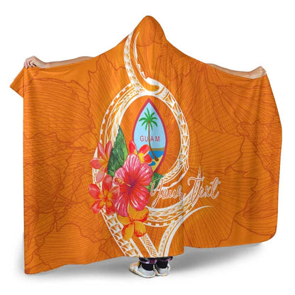 Guam Polynesian Custom Personalised Hooded Blanket - Orange Floral With Seal