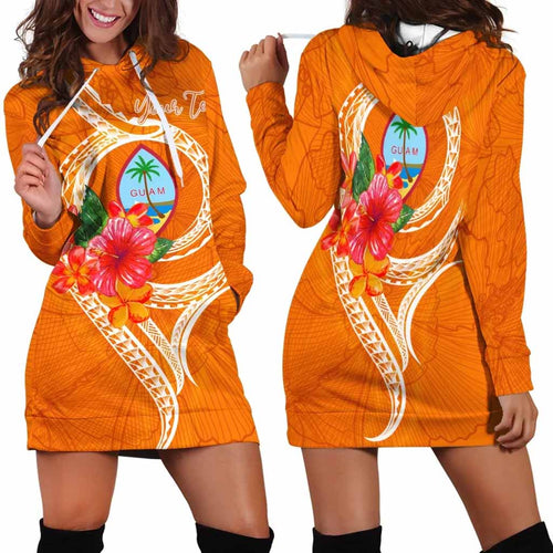 Guam Polynesian Custom Personalised Hoodie Dress - Orange Floral With Seal