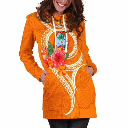 Guam Polynesian Custom Personalised Hoodie Dress - Orange Floral With Seal