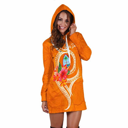 Guam Polynesian Custom Personalised Hoodie Dress - Orange Floral With Seal