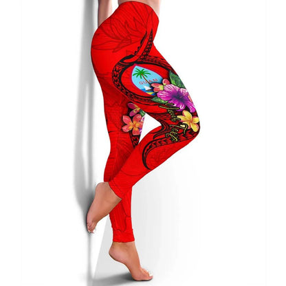 Guam Polynesian Custom Personalised Legging - Floral With Seal Red