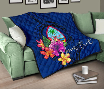 Guam Polynesian Custom Personalised Premium Quilt - Floral With Seal Blue