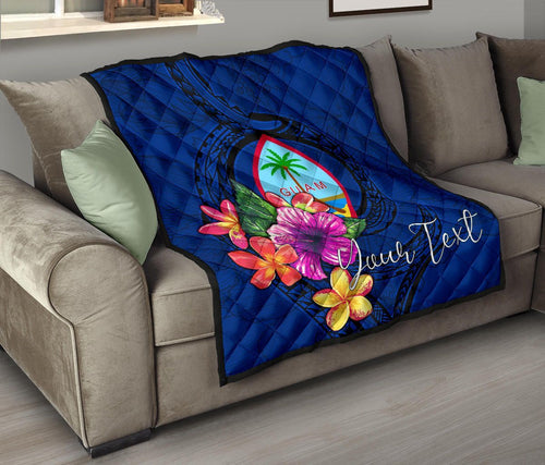Guam Polynesian Custom Personalised Premium Quilt - Floral With Seal Blue