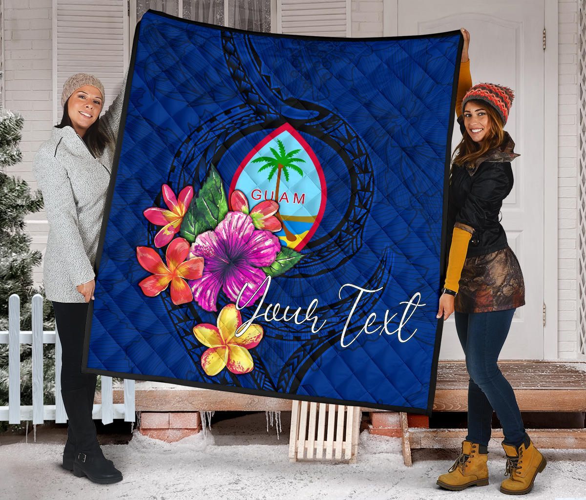 Guam Polynesian Custom Personalised Premium Quilt - Floral With Seal Blue