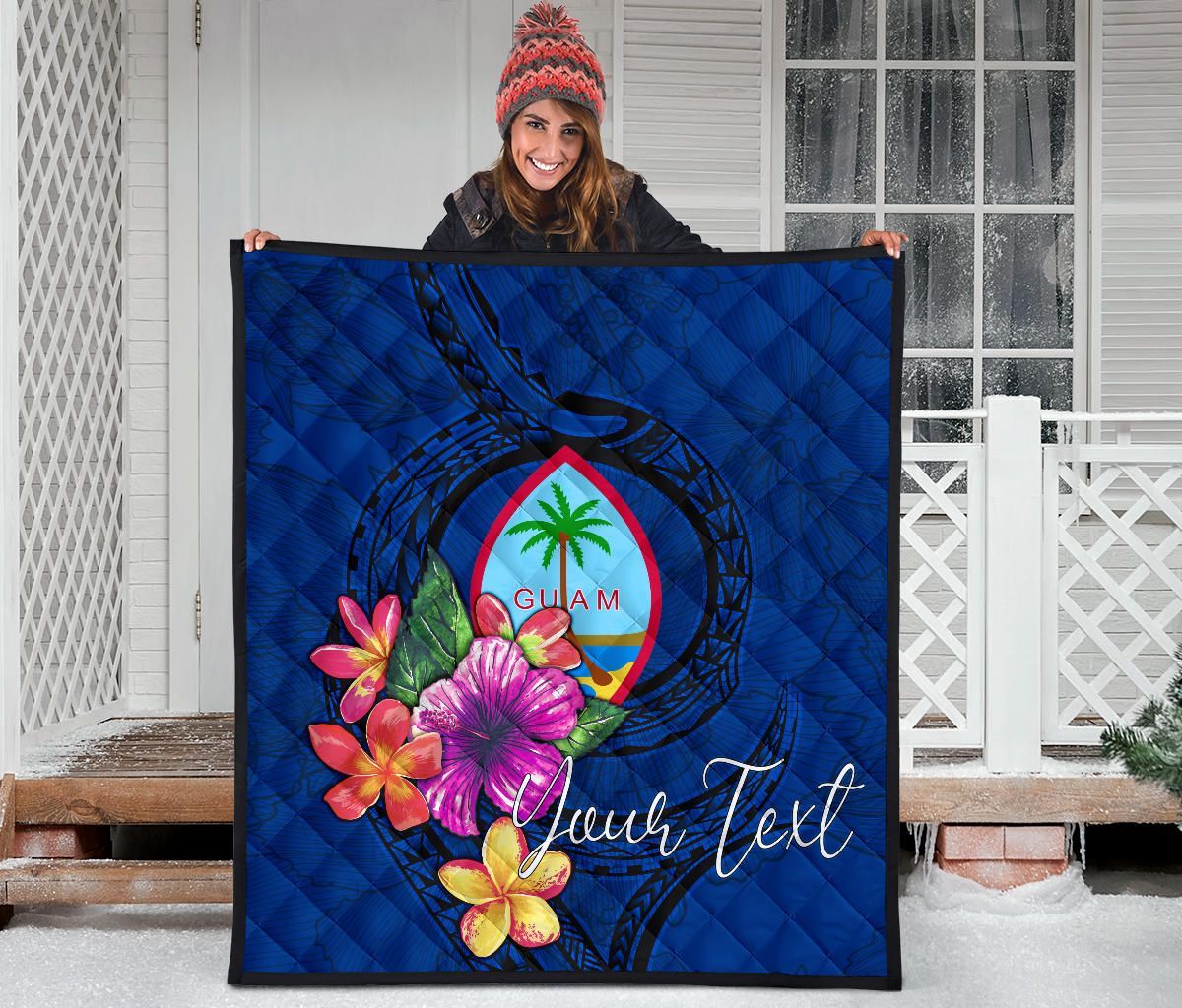 Guam Polynesian Custom Personalised Premium Quilt - Floral With Seal Blue