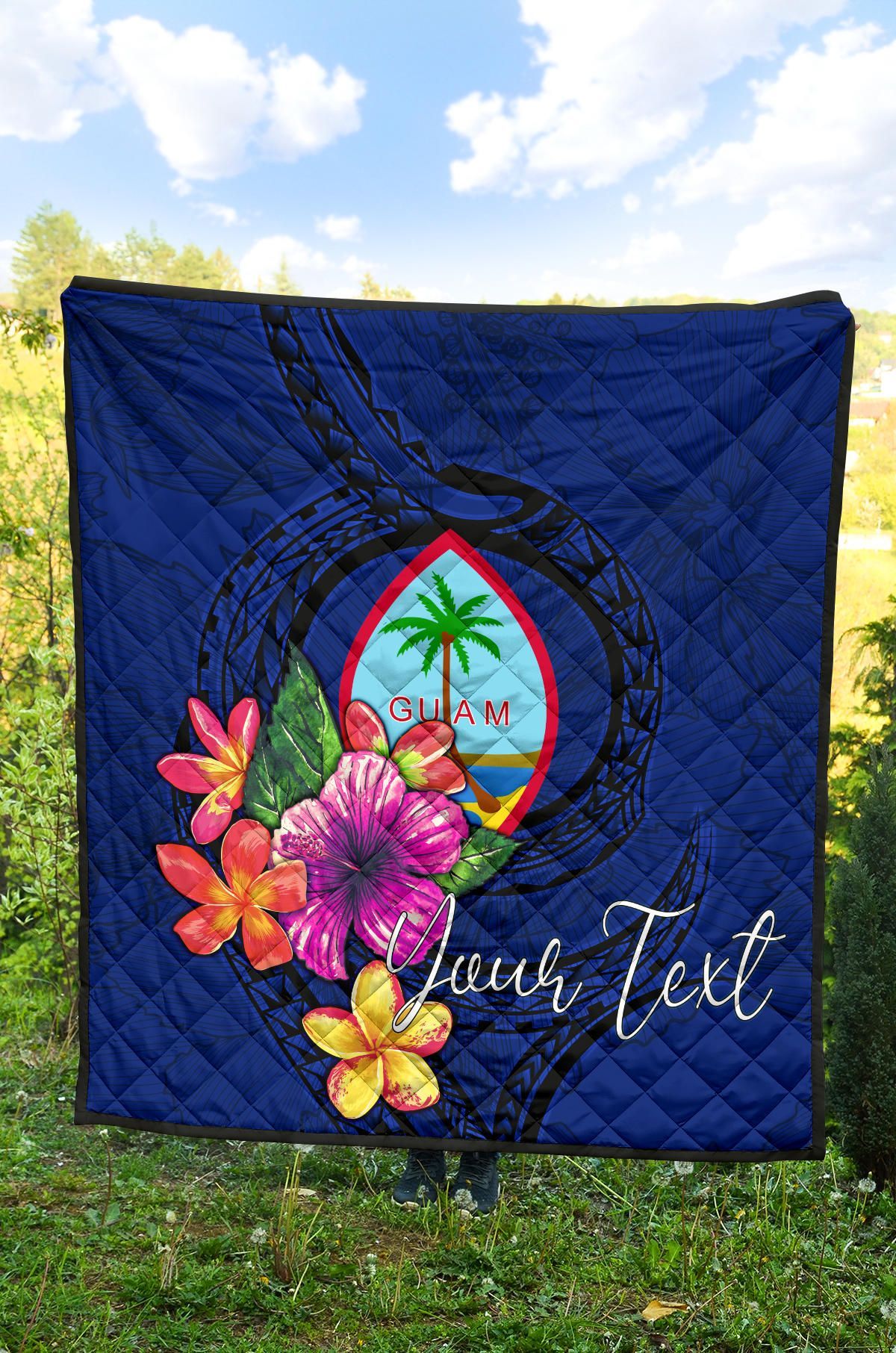 Guam Polynesian Custom Personalised Premium Quilt - Floral With Seal Blue