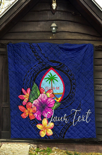 Guam Polynesian Custom Personalised Premium Quilt - Floral With Seal Blue