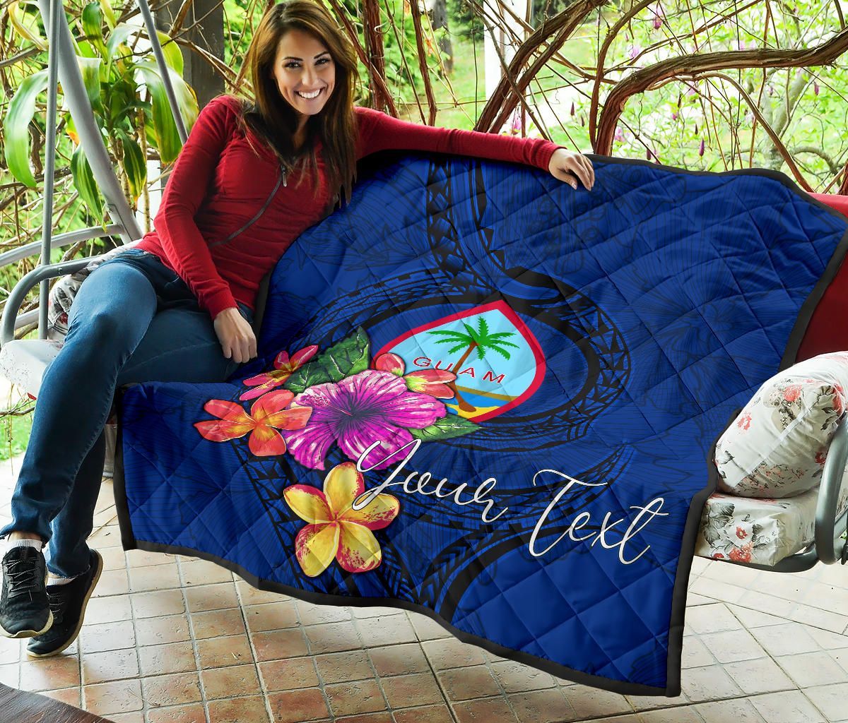 Guam Polynesian Custom Personalised Premium Quilt - Floral With Seal Blue