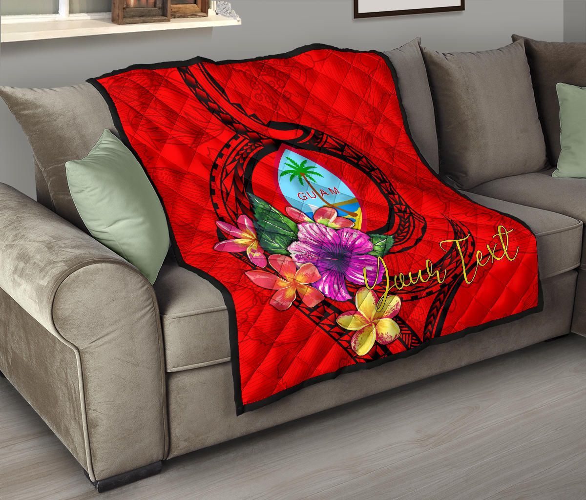 Guam Polynesian Custom Personalised Premium Quilt - Floral With Seal Red