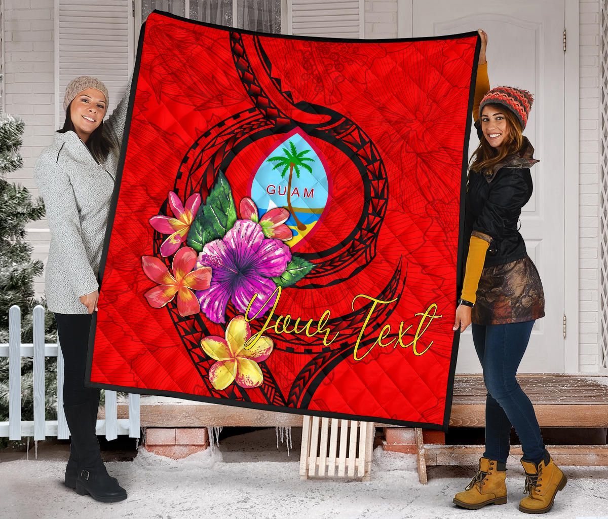 Guam Polynesian Custom Personalised Premium Quilt - Floral With Seal Red