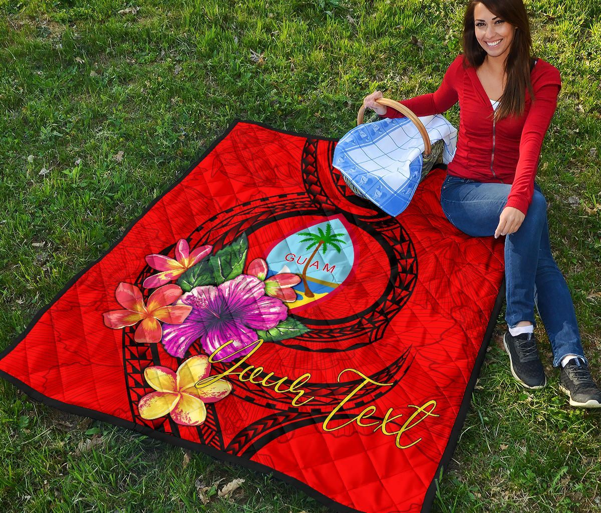Guam Polynesian Custom Personalised Premium Quilt - Floral With Seal Red