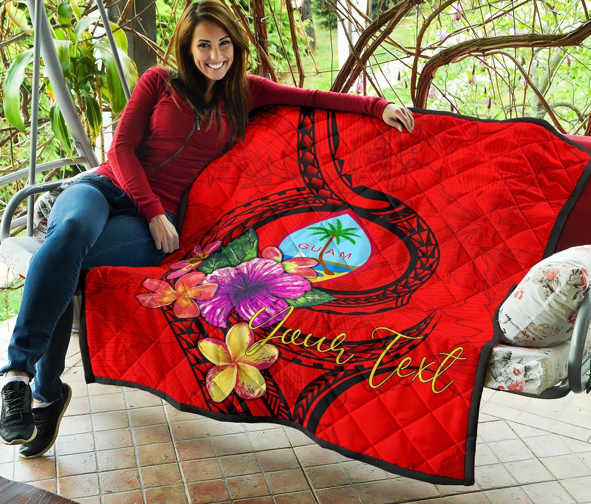 Guam Polynesian Custom Personalised Premium Quilt - Floral With Seal Red