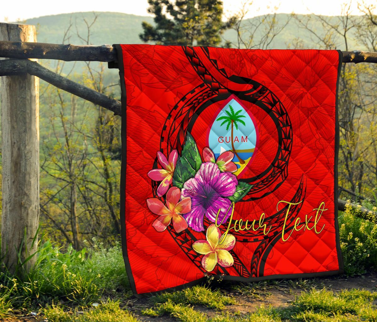 Guam Polynesian Custom Personalised Premium Quilt - Floral With Seal Red