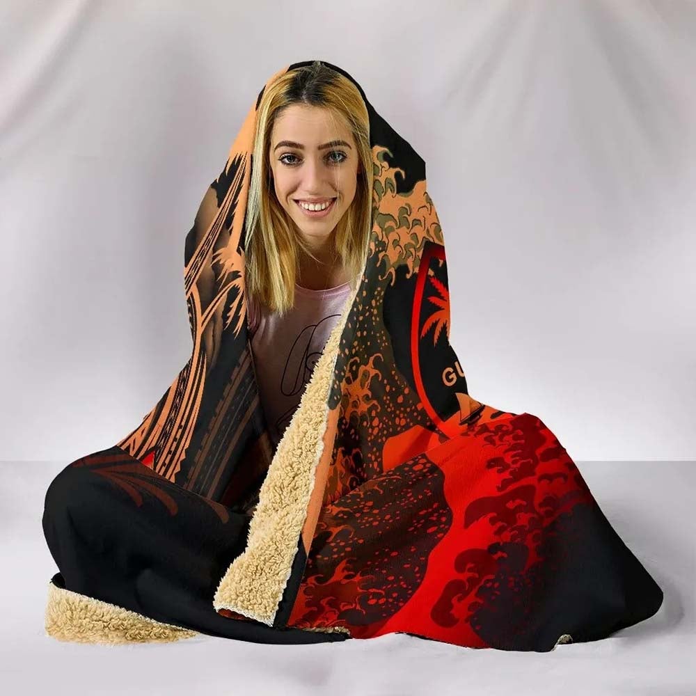 Guam Polynesian Hooded Blanket - Plumeria Flowers And Waves