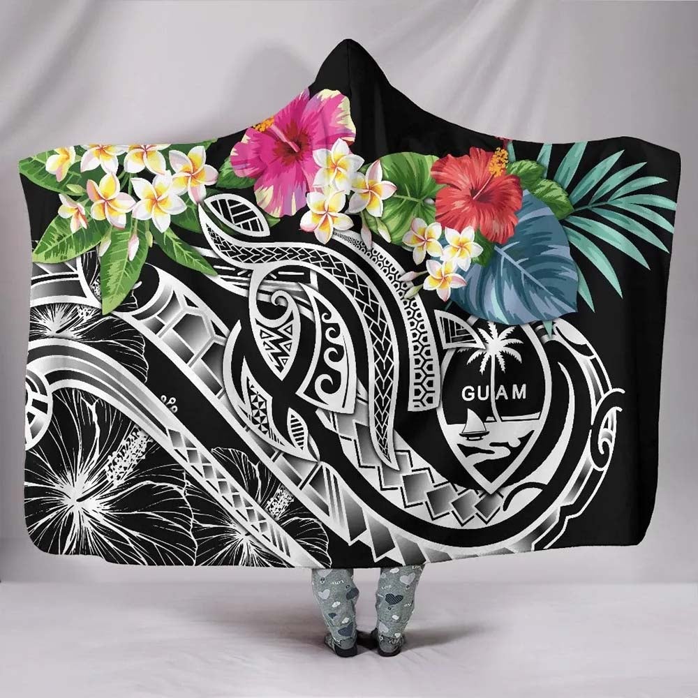 Guam Polynesian Hooded Blanket - Summer Plumeria (Black)